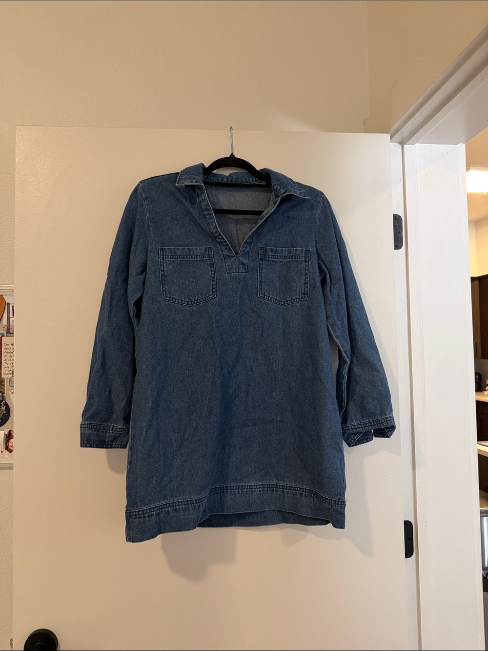 Women's Denim Shift Dress with Patch Pockets - Picture 2 of 4